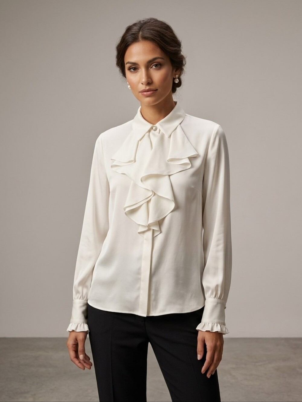 Women's Zara White Jabot Frills Long-Sleeve Blouse Jewel Buttons Formal Medium